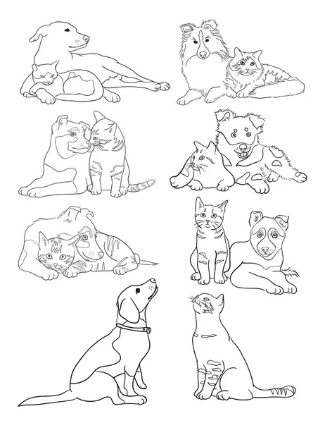 Katze Und Hund Linie Kunst Vektor Illustration Gute Verwendung Für — Stockvektor