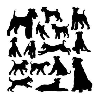 Airedale Terrier köpek siluetleri. Sembol, logo, web simgesi, maskot, işaret veya istediğiniz herhangi bir tasarım için iyi bir kullanım alanı.