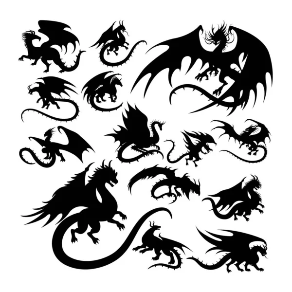Ejderha antik yaratık mitolojisi siluetleri. Sembol, logo, web simgesi, maskot, işaret veya istediğiniz herhangi bir tasarım için iyi bir kullanım alanı.
