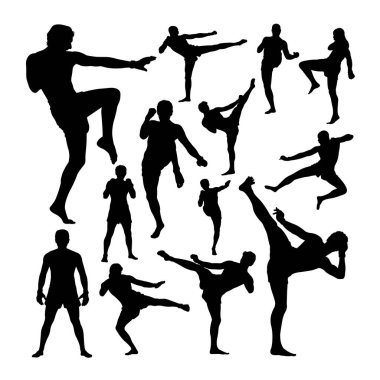 Muay thai dövüş sanatları siluetleri. Sembol, logo, web simgesi, maskot, işaret veya istediğiniz herhangi bir tasarım için iyi bir kullanım alanı.