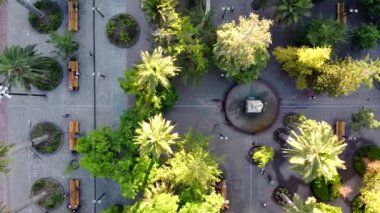 İHA 'dan Plaza de Armas hava görüntüsü. Şehir meydanının kuş bakışı manzarası, çeşme, uçan kuş sürüsü ve palmiye ağaçlarının altındaki halka açık parkta yürüyen insanlar. Yukarıdan bak. Santiago, Şili.