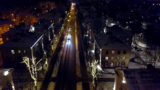 Drone Vuelo Nocturno Sobre Ciudad Invierno — Vídeos de Stock