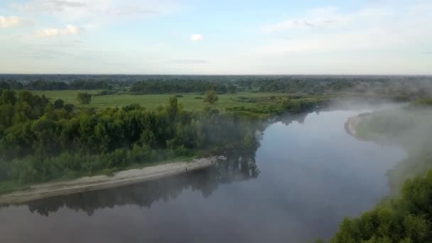 Lot Nad Lasem Przelot Nad Rzeką Panorama Równiny — Wideo stockowe