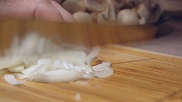 Cut Onions Wooden Board — Stock Video