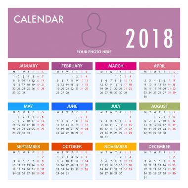 Takvim için 2018. Hafta başlıyor Pazartesi