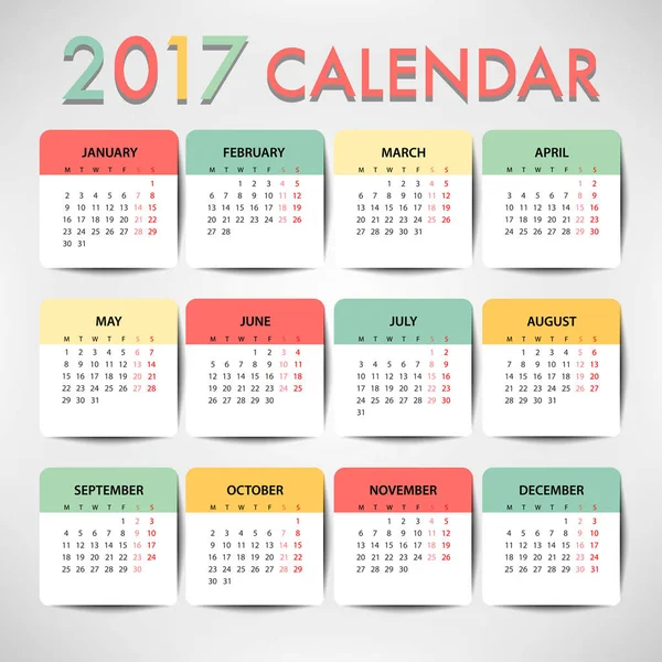 Calendrier couleur pastel pour la conception du modèle 2017. La semaine commence le lundi — Image vectorielle