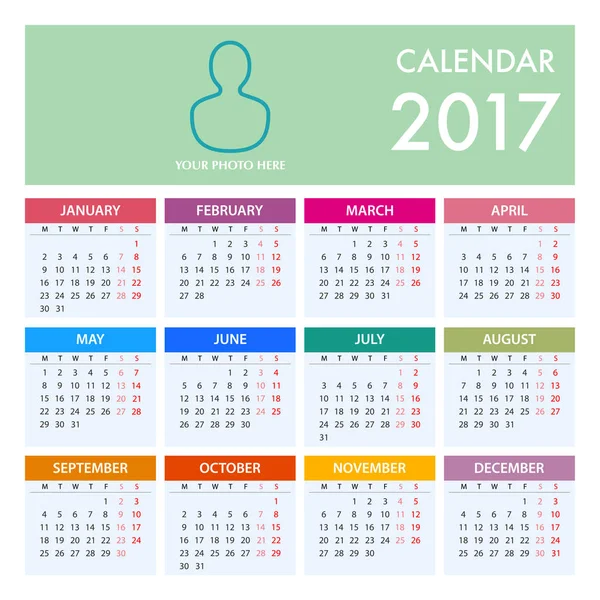 Calendrier 2017 sur fond blanc. La semaine commence lundi — Image vectorielle