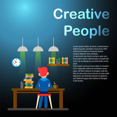 Yaratıcı insanlar. Serbest meslek. Mutlu adam çalışıyor. Vektör illustrat