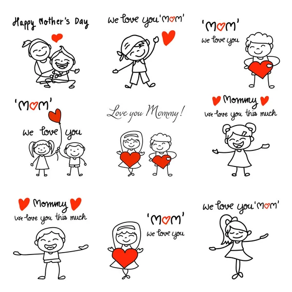 Conjunto de dibujo a mano de dibujos animados concepto de carácter feliz día de las madres — Vector de stock