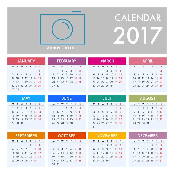 Kalender untuk tahun 2017 di White Background. Minggu Mulai Senin - Stok Vektor