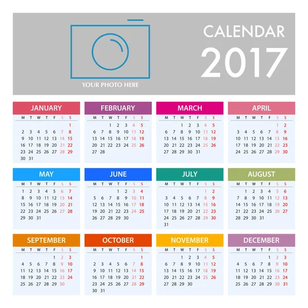 Calendrier 2017 sur fond blanc. La semaine commence lundi — Image vectorielle