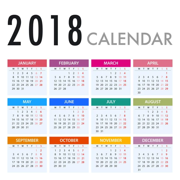 Kalender voor 2018 op witte achtergrond. Week begint maandag — Stockvector