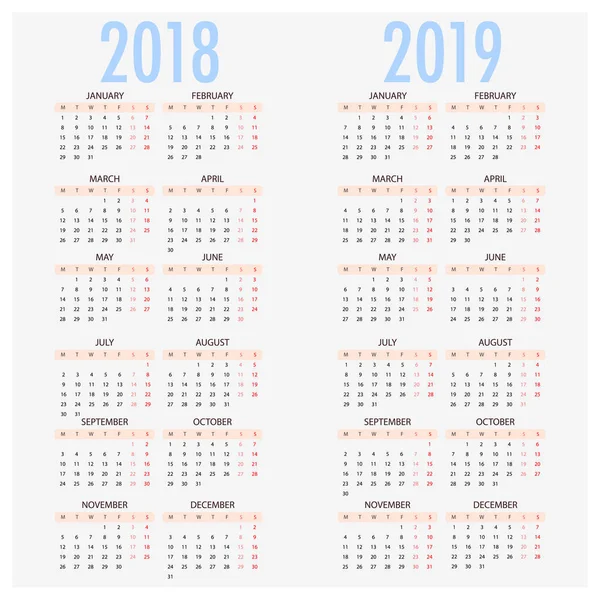Englischer Kalender für die Jahre 2017 und 2018, die Woche beginnt am Montag — Stockvektor