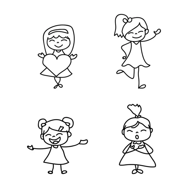 Aranyos lányok vonalas rajz kézzel csoportja — Stock Vector