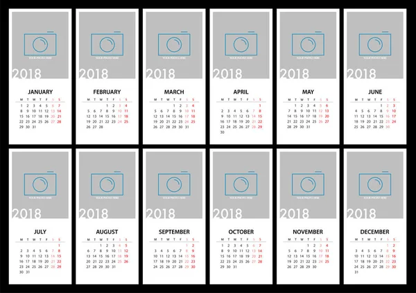 Calendar for 2018 Template design. Week Starts Monday. Vector EP — Stock Vector