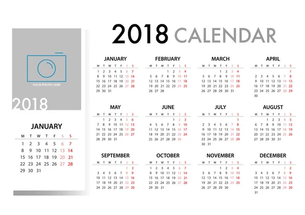 Calendrier pour 2018 Modèle de conception. La semaine commence lundi. Vecteur EP — Image vectorielle