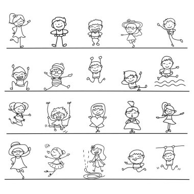 El çizimi soyut mutlu sevimli çocuklar resim kümesi