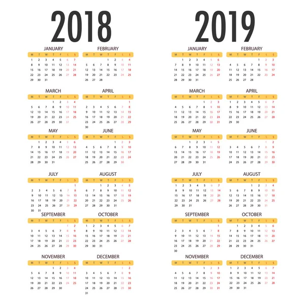 Calendrier anglais pour les années 2018 et 2019, la semaine commence le lundi — Image vectorielle