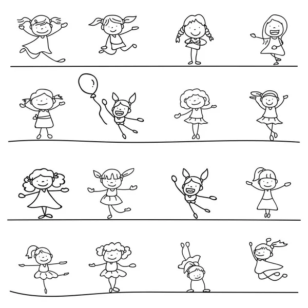 Set of hand drawing abstrak happy girls line art - Stok Vektor