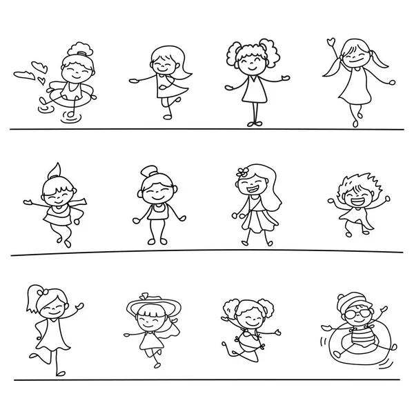 Set of hand drawing abstrak happy girls line art - Stok Vektor