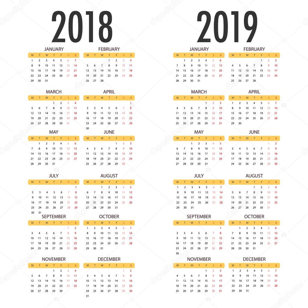English calendar for years 2018 and 2019, week starts on Monday