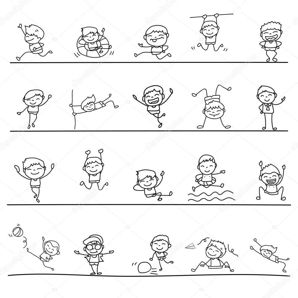 Set of hand drawing abstract happy cute boys line art
