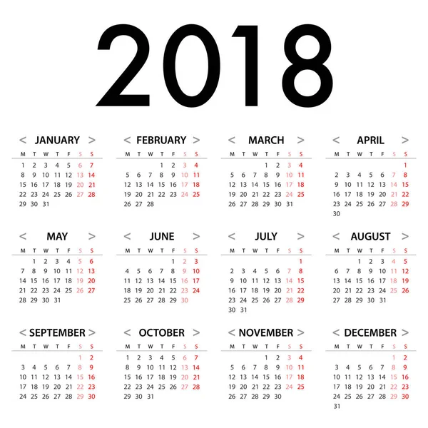 Calendrier pour 2018 Modèle de conception. La semaine commence lundi. Vecteur EP — Image vectorielle