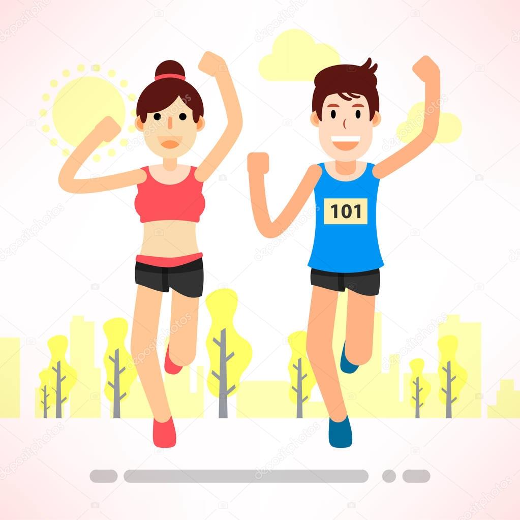 young couple running and training for marathon sport in the park