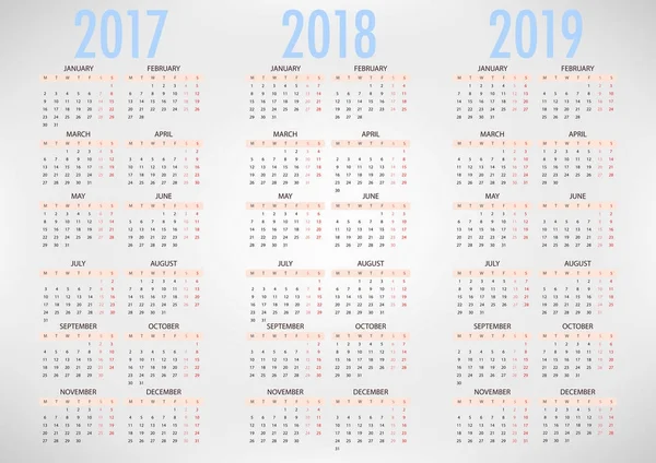 Calendrier 2017 2018 2019 sur fond blanc . — Image vectorielle