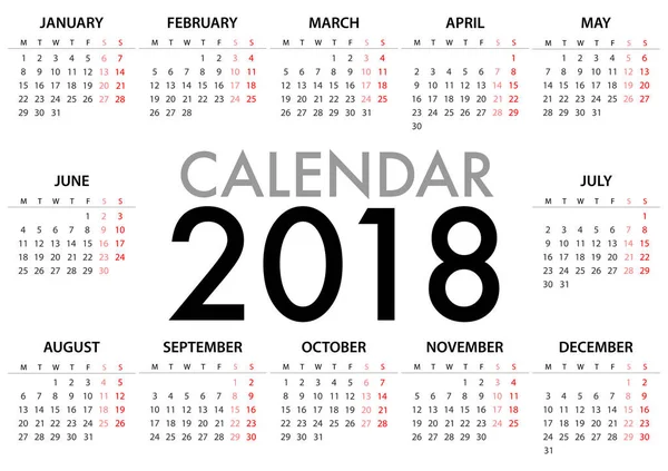 Kalendarz na 2018, A3 szablonu projektu. Tydzień zaczyna się od poniedziałku. Mapa — Wektor stockowy