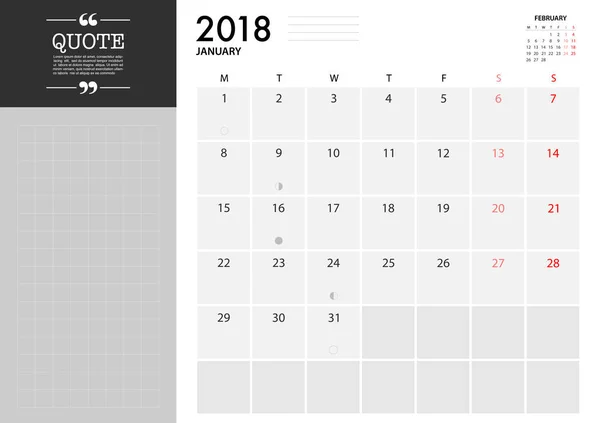 Januari planner 2018 op witte achtergrond voor organisatie en bu — Stockvector