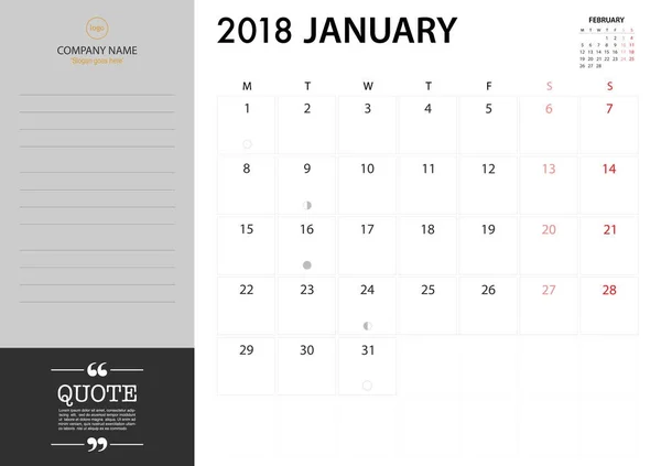 Januar-Planer 2018 auf weißem Hintergrund für Organisation und Organisation — Stockvektor