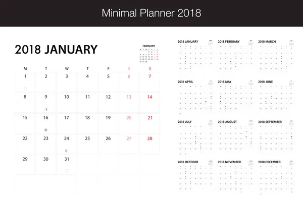 Calendrier 2018 sur fond blanc pour l'organisation et busin — Image vectorielle