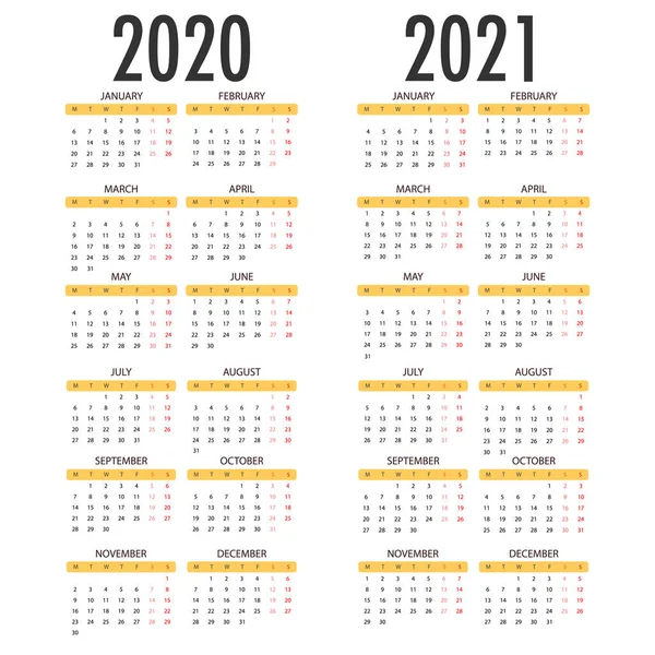 Kalender für 2020 2021 einfache Vektorvorlage — Stockvektor