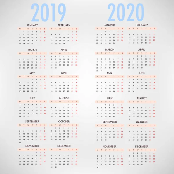 Kalender für 2019 2020 einfache Vektorvorlage — Stockvektor