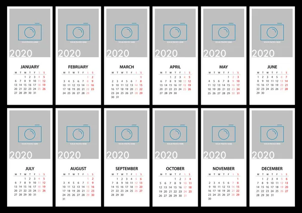 2020 Año Planificador Organización Calendario Mínimo Estilo Para Ilustración Vectores — Vector de stock