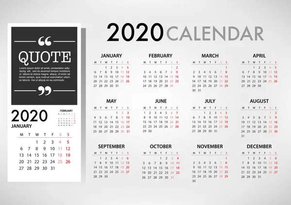 Calendario Organizzativo 2020 Anno Pianificatore Stile Minimo Illustrazione Grafica Vettoriale — Vettoriale Stock