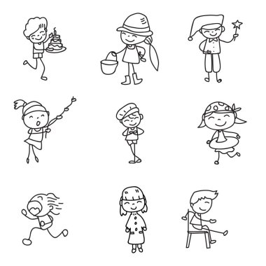 El çizimi mutlu çocuklar çizgi film karakteri soyut insanlar çubuk stili vektör illüstrasyon sanat ve grafik dekorasyonu eşleşir