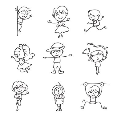 El çizimi mutlu çocuklar çizgi film karakteri soyut insanlar çubuk stili vektör illüstrasyon sanat ve grafik dekorasyonu eşleşir