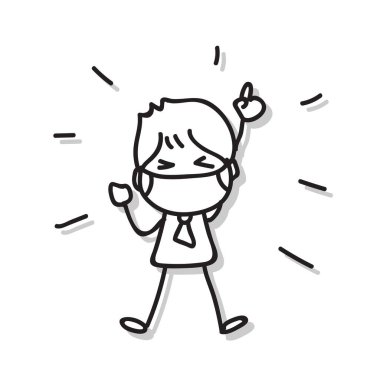 El çizimi yapan işadamları virüs salgınına karşı maske takıyor. İş adamı, korona virüsünün maske koruma efektini takıyor. Covid-19. Vektör illüstrasyonu 10.