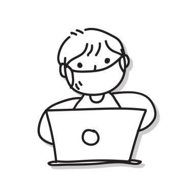 Virüs salgını sırasında el çizimi iş adamı konsepti. İş adamı, korona virüsünün maske koruma efektini takıyor. Covid-19. Vektör illüstrasyonu 10.