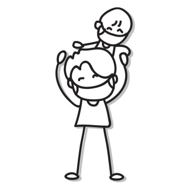 Ailedeki çizgi film karakterleri Covid-19 'dan maske takıyorlar. Vektör illüstrasyon eps10.