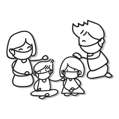 Ailedeki çizgi film karakterleri Covid-19 'dan maske takıyorlar. Vektör illüstrasyon eps10.