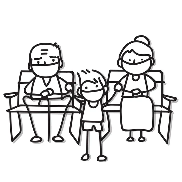 家族の高齢者や子供は ウイルス汚染や健康保護のためのマスクを着用してください 手描き漫画のキャラクター ベクターイラスト — ストックベクタ
