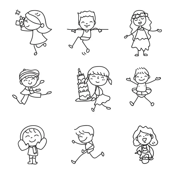 一套手绘涂鸦快乐的孩子卡通人物抽象人物搭配木棍风格矢量画图艺术与图形装饰 — 图库矢量图片