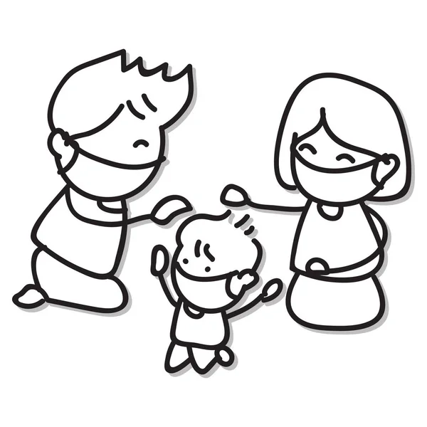 手描き漫画幸せな家族 抽象的な性格の母親の父親は ウイルスの発生中に小さな男の子の世話をするマスクを着用 Covy 隔離だ 健康だ 愛の概念 ベクトル図 — ストックベクタ