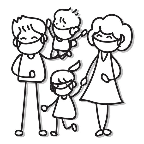 Dibujo Mano Personajes Dibujos Animados Personas Familia Usan Máscara Protección — Vector de stock