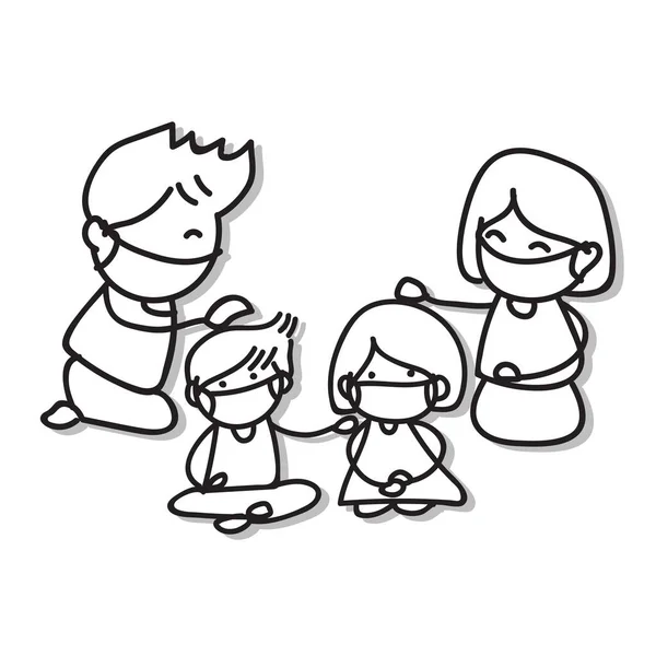 Handzeichnung Zeichentrickfigur Menschen Der Familie Tragen Maskenschutz Von Covid Vektorabbildung — Stockvektor