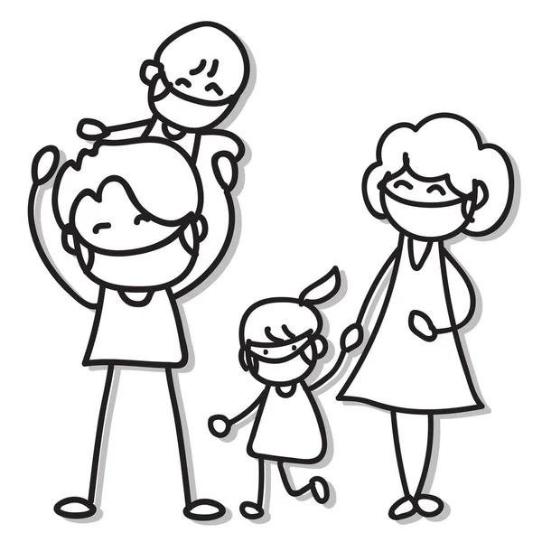 Handzeichnung Zeichentrickfigur Glückliche Familie Mutter Tochter Und Sohn Tragen Masken — Stockvektor