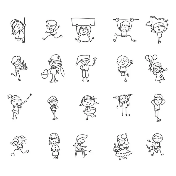 Set Disegno Mano Scarabocchiare Bambini Felici Personaggio Dei Cartoni Animati — Vettoriale Stock